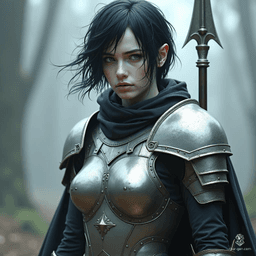 A melancholic shadar-kai elf, she embodies a tragic grace with her short raven hair and pale, milky skin. Clad in gleaming silver plate armor, she wields a spear and shield, her coal-black eyes reflecting deep sorrow from untold burdens.