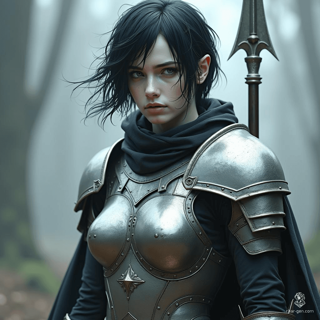 A melancholic shadar-kai elf, she embodies a tragic grace with her short raven hair and pale, milky skin. Clad in gleaming silver plate armor, she wields a spear and shield, her coal-black eyes reflecting deep sorrow from untold burdens.