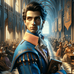 A fair-skinned male spy with perfectly coiffed greying black hair and brown eyes, dressed in cobalt and peach servant attire. He blends seamlessly into crowds, eavesdropping and carrying secret messages without arousing suspicion.