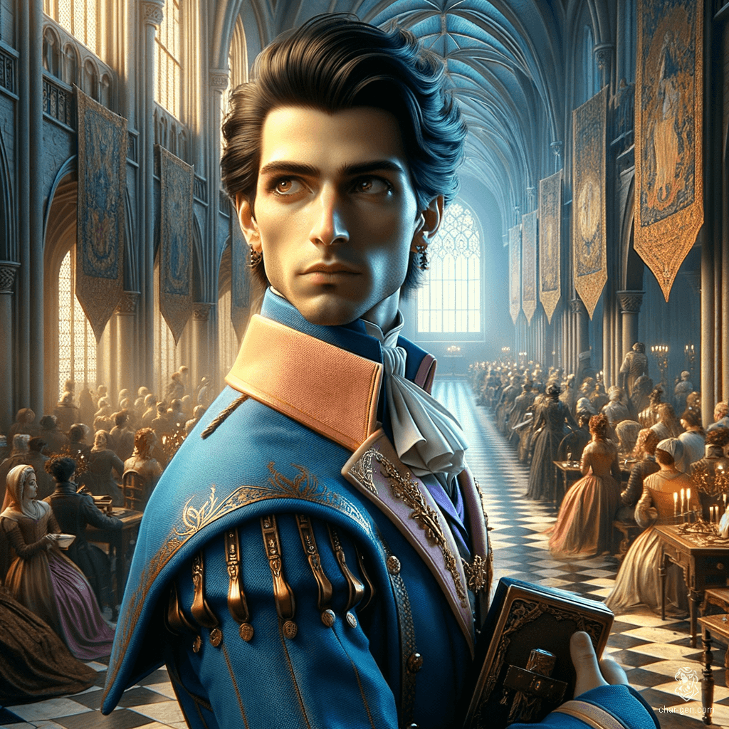 A fair-skinned male spy with perfectly coiffed greying black hair and brown eyes, dressed in cobalt and peach servant attire. He blends seamlessly into crowds, eavesdropping and carrying secret messages without arousing suspicion.