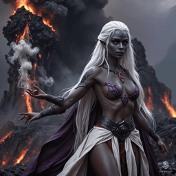 A striking female drow monk with a calm expression, fluid posture, and a toned physique. Her tan skin contrasts sharply with her long, bright white hair. She has mesmerizing purple eyes and exudes an aura of serene strength.