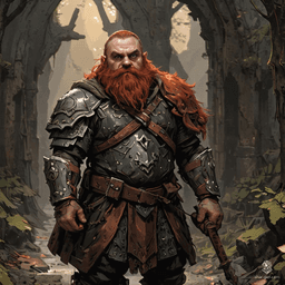A rugged male dwarf hunter, adorned in chainmail and a brown cloak, skillfully tracks prey through forests and mountains. With red hair and a matching beard, his dark skin is accentuated by intricate goggles and mechanical devices, showcasing his prowess as an artificer.