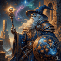 Dram Dustbeard, a wise 72-year-old druid, sports wrinkled skin and twinkling blue eyes. Clad in a starry, dark blue robe and armored shield, he wields a dagger and a staff topped with a crystalline orb. This free-thinking sage communes with nature and hides from past foes.