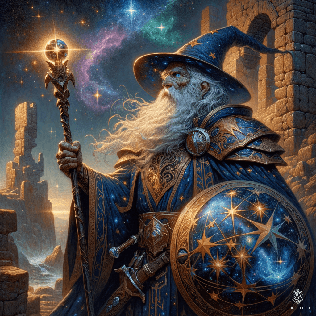 Dram Dustbeard, a wise 72-year-old druid, sports wrinkled skin and twinkling blue eyes. Clad in a starry, dark blue robe and armored shield, he wields a dagger and a staff topped with a crystalline orb. This free-thinking sage communes with nature and hides from past foes.