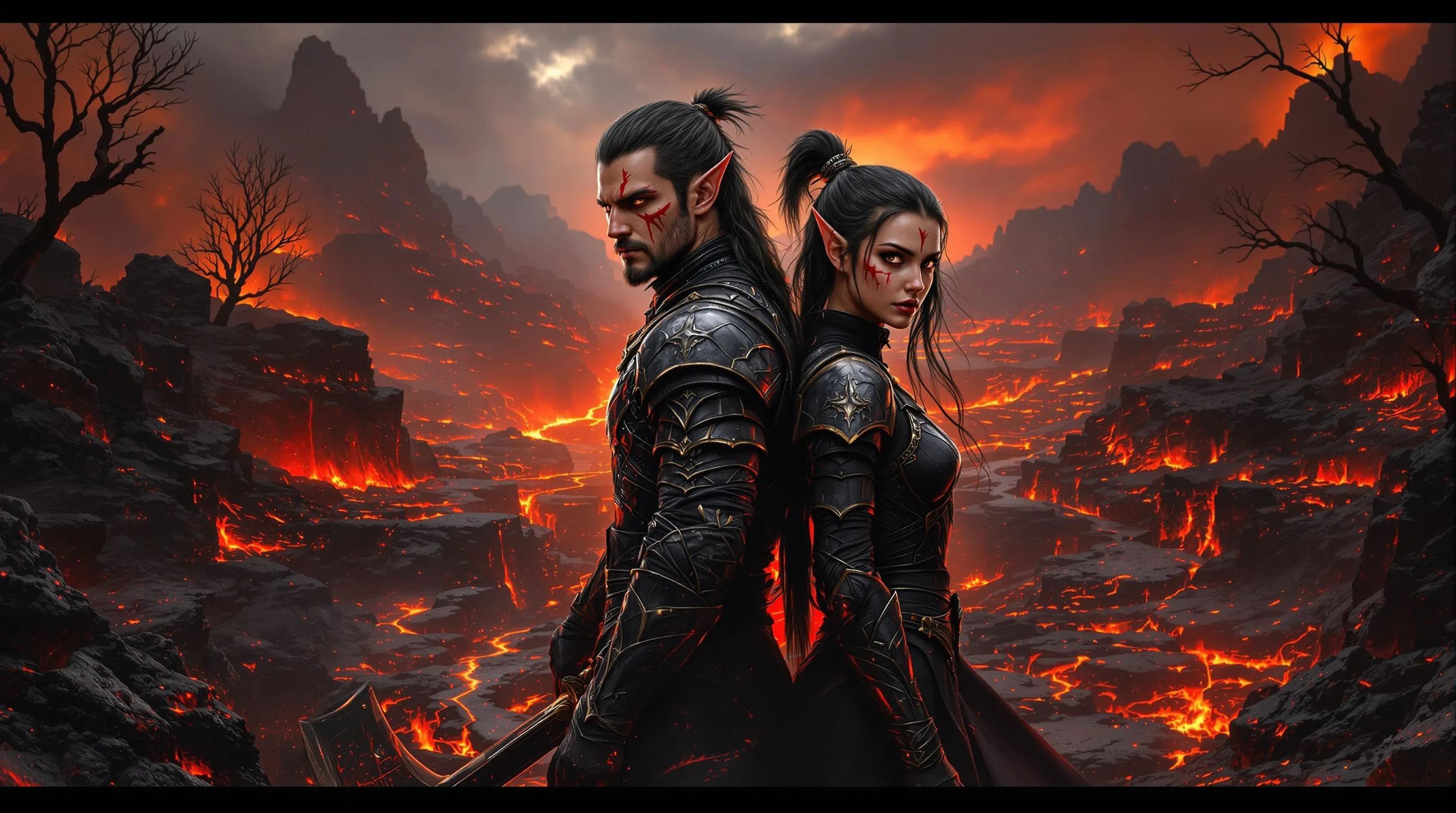 In a breathtaking scene, two elven warriors stand resolutely back to back, battered yet defiant. The brother wields a fierce axe, while his sister brandishes a sword, both clad in weathered black leather armor. Bloodied from their battle against hellhounds, they exude an unyielding spirit illuminated by dramatic lighting.