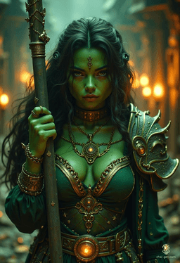 Mugzug the Tiny is a noble half-orc warlock, bearing arcane sigils and wielding a powerful mace. With tusked, green skin and human elegance, she balances charm and wisdom. Torn between duty and desire, she fights against her family's wishes to save her forbidden love, Maribel.