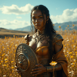 Jouli, a middle-aged investigator mage of North African descent, captivates with her striking beauty and dark brown skin that shimmers in sunlight. Clad in intricately embossed leather armor, she conjures a shield spell amidst towering bookshelves, diligently cataloging ancient texts with wisdom and grace.