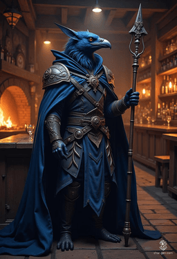 Krackle Brightbeak is a 20-year-old kenku sorcerer with a striking blue skin and raven-like features. Standing at 3'9", he embodies charm and cunning, wielding a quarterstaff and donning an intricately shifting cloak. His aura crackles with unpredictable magic, making him a skilled criminal and spy.
