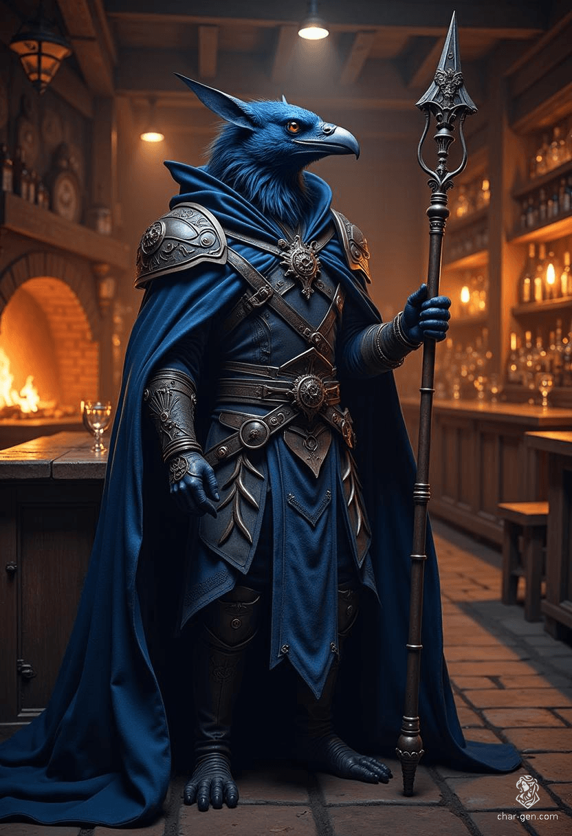 Krackle Brightbeak is a 20-year-old kenku sorcerer with a striking blue skin and raven-like features. Standing at 3'9", he embodies charm and cunning, wielding a quarterstaff and donning an intricately shifting cloak. His aura crackles with unpredictable magic, making him a skilled criminal and spy.
