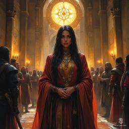 Sable Cross, a tall and charismatic cult leader, captivates her followers with intense eyes and flowing black hair. Adorned in ritualistic robes, she stands in an eerie temple, radiating zeal and madness as she guides them toward the power of forbidden Precursor technology.