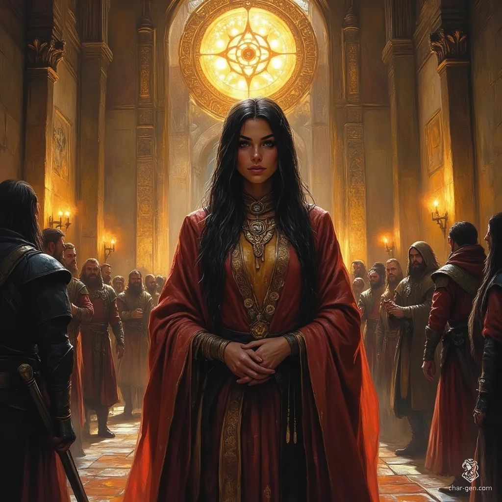 Sable Cross, a tall and charismatic cult leader, captivates her followers with intense eyes and flowing black hair. Adorned in ritualistic robes, she stands in an eerie temple, radiating zeal and madness as she guides them toward the power of forbidden Precursor technology.