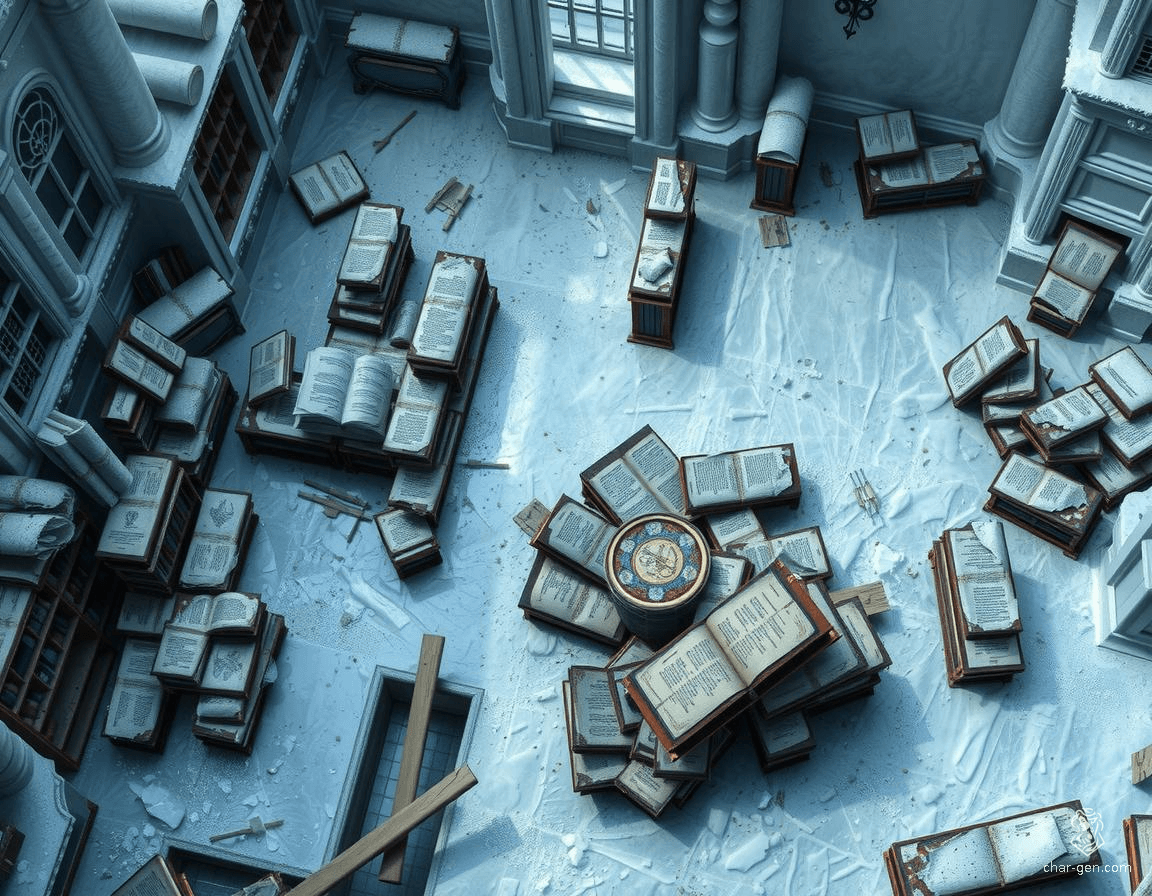 This vast, frozen library stretches across an expansive hall, its towering shelves fractured and laden with ancient, ice-covered scrolls. Glacial icicles hang perilously from the ceiling, while frost-rimed statues hint at secrets untold. Beware hidden traps beneath the snow, and the spectral guardians roaming amidst the frosty aisles.