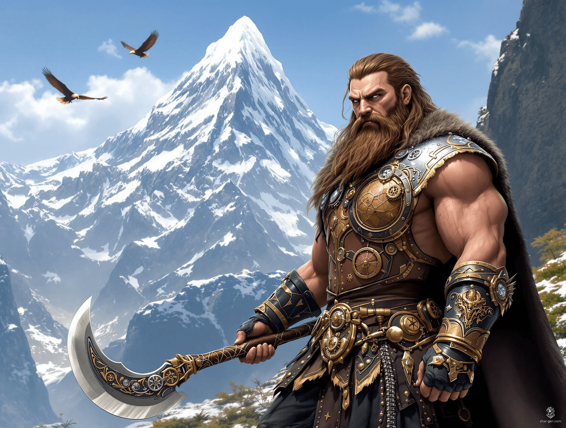 A fierce, middle-aged barbarian, this rugged Viking stands tall with a double-bladed battle axe adorned in intricate gold carvings. His flowing brown hair and braided beard accentuate his stoic demeanor. Clad in a worn steel chest plate and laced fur pants, he exudes raw power and resilience.