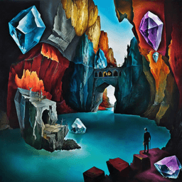 A surreal canyon of towering crystals, vibrant hues reflecting an ethereal light. Dreamlike scenes emerge from the abstract forms, with fantastical elements woven into detailed textures. Unexpected juxtapositions and whimsical motifs create a distorted yet captivating reality.