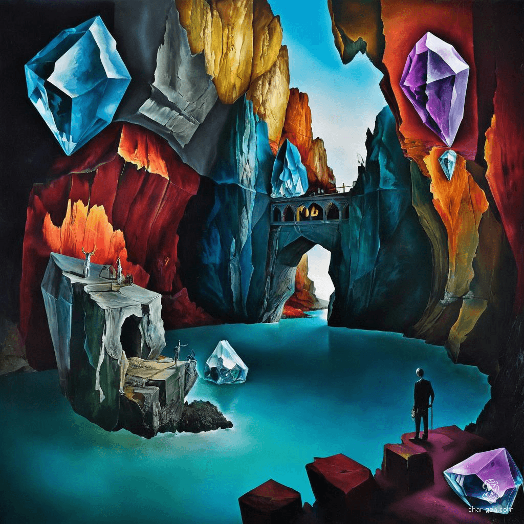 A surreal canyon of towering crystals, vibrant hues reflecting an ethereal light. Dreamlike scenes emerge from the abstract forms, with fantastical elements woven into detailed textures. Unexpected juxtapositions and whimsical motifs create a distorted yet captivating reality.