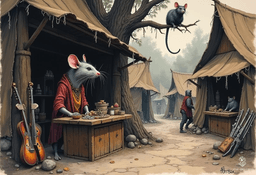 Ratscar, the cunning ratfolk shopkeeper, runs a bustling stall at the bandit camp. With a shrewd gleam in his rat-like eyes and twitching whiskers, he expertly barters various rare goods, providing both value and mischief to his unscrupulous clientele.