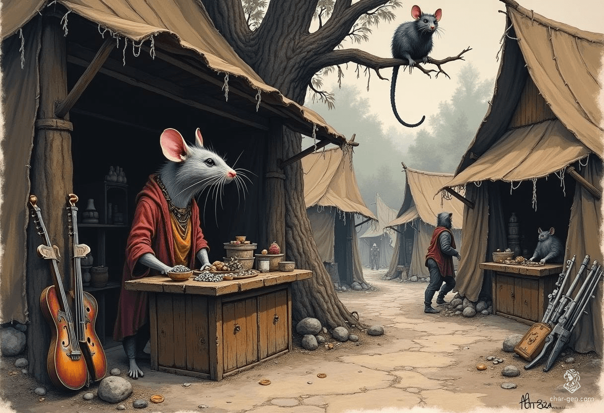 Ratscar, the cunning ratfolk shopkeeper, runs a bustling stall at the bandit camp. With a shrewd gleam in his rat-like eyes and twitching whiskers, he expertly barters various rare goods, providing both value and mischief to his unscrupulous clientele.