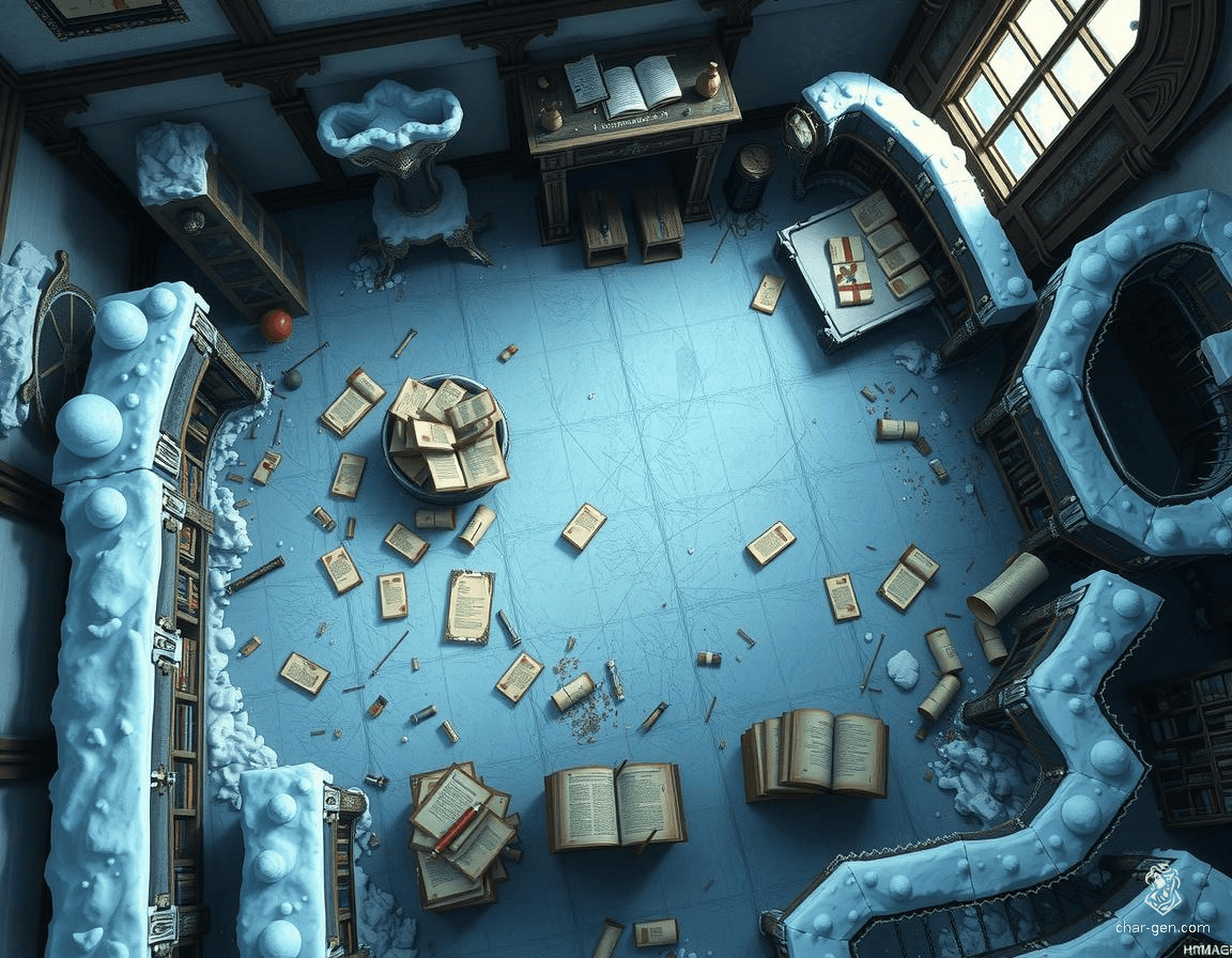 Venture into the vast, frozen library where ancient, frost-covered shelves lie in disrepair, and scattered, brittle pergamin rolls whisper forgotten secrets. Navigate icy patches and beware hidden traps, while a secluded balcony offers a chilling view of an endless, frozen sky. Unveil the mysteries before the cold claims everything.