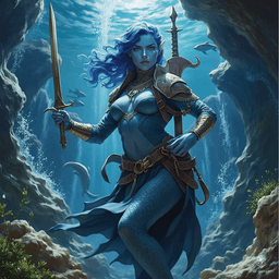 Ehmmalee is a fierce and gorgeous triton ranger, embodying strength and agility. Clad in gleaming copper chainmail, she wields a rapier with precision and carries a crossbow on her back. Her cute yet noble face is framed by blue hair, while small fins and webbed fingers enhance her aquatic grace. Accompanied by her loyal sea lion, she navigates both land and sea with unmatched prowess.