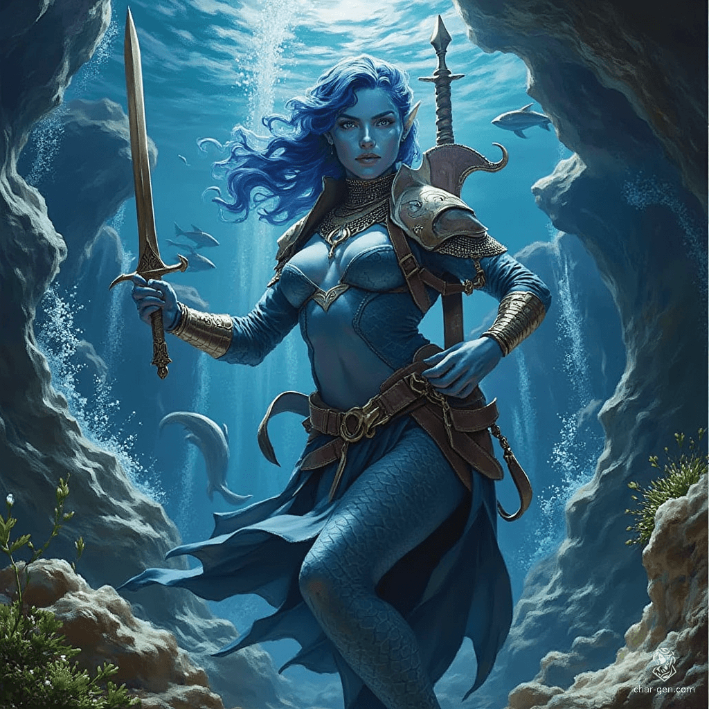 Ehmmalee is a fierce and gorgeous triton ranger, embodying strength and agility. Clad in gleaming copper chainmail, she wields a rapier with precision and carries a crossbow on her back. Her cute yet noble face is framed by blue hair, while small fins and webbed fingers enhance her aquatic grace. Accompanied by her loyal sea lion, she navigates both land and sea with unmatched prowess.