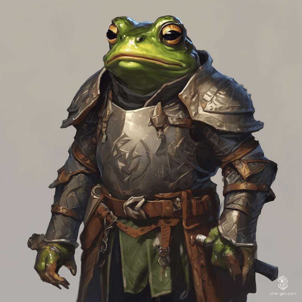 Meet Arlo, a friendly male Grung paladin donning leather armor that blends with his vibrant green skin. Tall and thin, his frog-like features radiate charm and loyalty as he hops into action, dedicated to protecting the innocent and championing the causes of justice in his swampy realm.