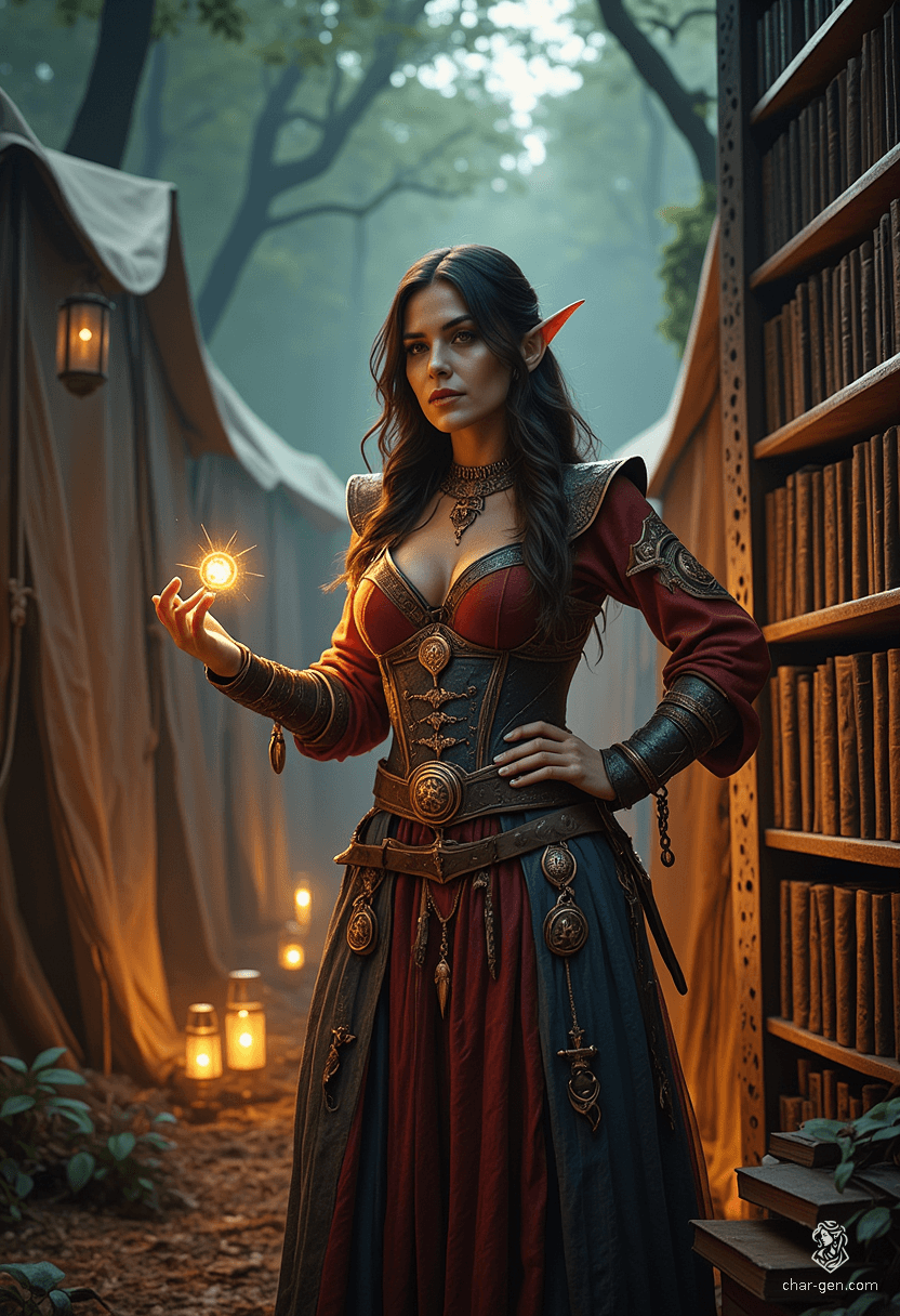 A captivating half-elf sorceress, she possesses olive skin, dark eyes, and flowing black hair. Clad in chic, corseted attire adorned with traditional Arab patterns, her aura sparkles with arcane magic. As a librarian among towering shelves, she safeguards ancient knowledge while weaving powerful spells.