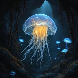 A photorealistic Flumph drifts silently through the shadowed Underdark, its soft, translucent body glowing softly under volumetric light beams. With gentle eyes and multiple fluttering tentacles trailing beneath, it emits soothing hums, its null-textured skin sharply contrasting the dark environment in 8K cinematic clarity.