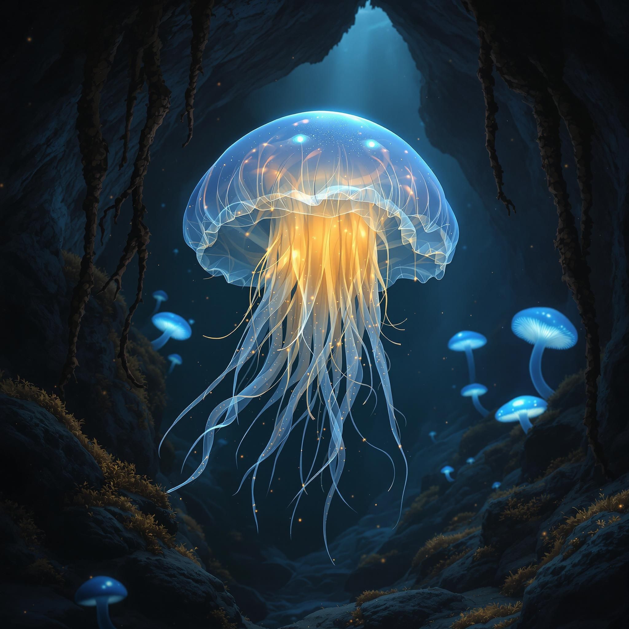 A photorealistic Flumph drifts silently through the shadowed Underdark, its soft, translucent body glowing softly under volumetric light beams. With gentle eyes and multiple fluttering tentacles trailing beneath, it emits soothing hums, its null-textured skin sharply contrasting the dark environment in 8K cinematic clarity.