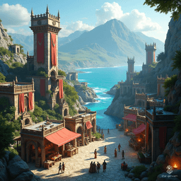 A breathtaking expanse of iridescent ocean meets the rugged silhouettes of the World Spine mountains, their peaks shimmering in hues of gold and azure. Verdant valleys nestle between, dotted with lush forests and cascading waterfalls, while vibrant cities rise along the coastline, echoing the harmony of nature and civilization.