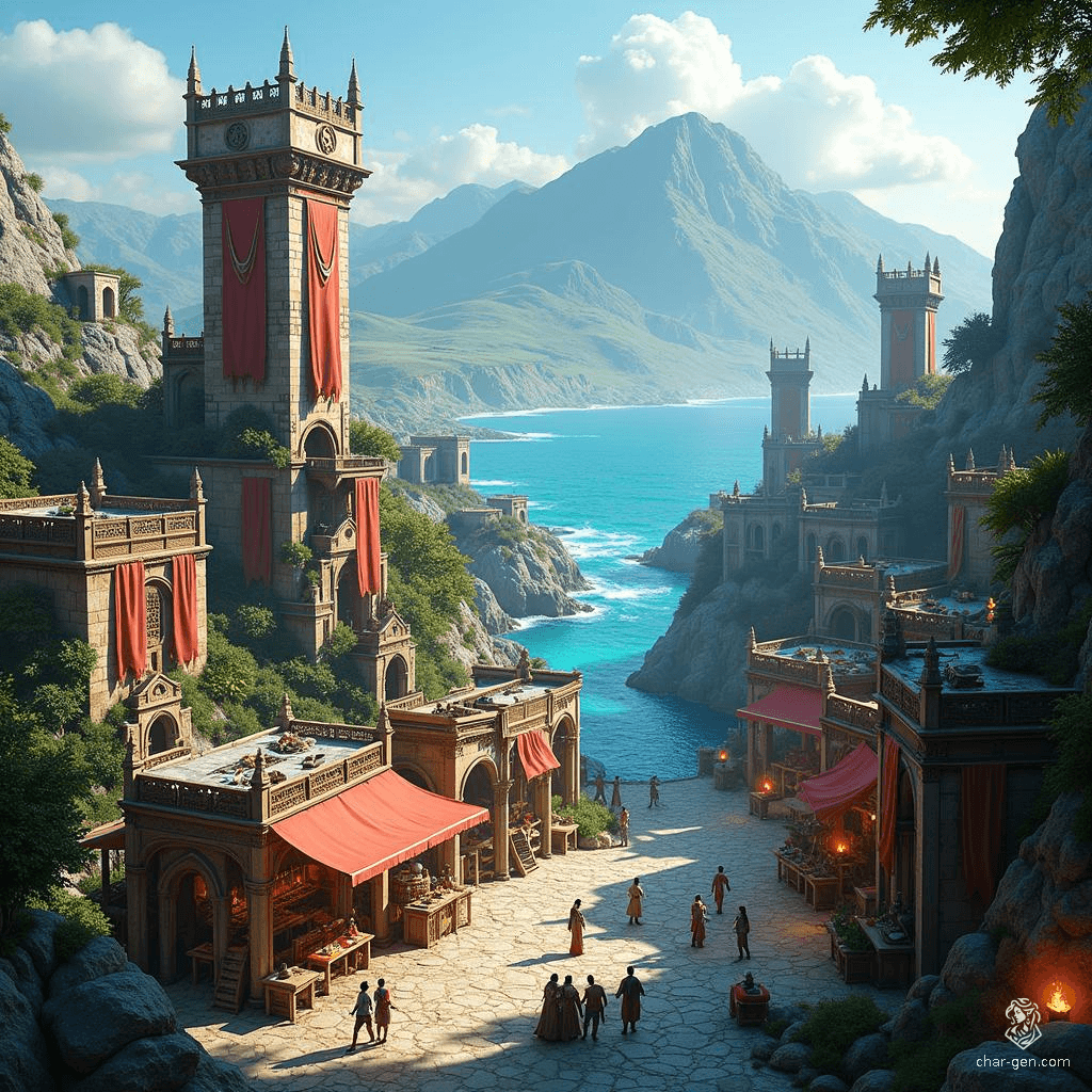 A breathtaking expanse of iridescent ocean meets the rugged silhouettes of the World Spine mountains, their peaks shimmering in hues of gold and azure. Verdant valleys nestle between, dotted with lush forests and cascading waterfalls, while vibrant cities rise along the coastline, echoing the harmony of nature and civilization.