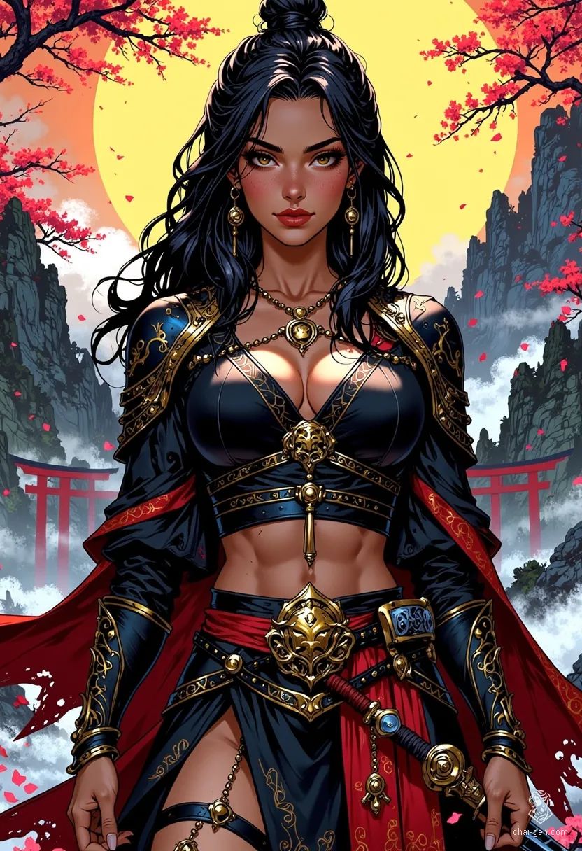 She is a stunning Asian warrior, fierce and poised, wielding a gleaming katana. With long black hair and piercing almond-shaped eyes, she commands the battlefield in intricately designed armor. Her elegance and lethal grace are complemented by a backdrop of cherry blossoms and ancient torii gates, embodying beauty and danger.