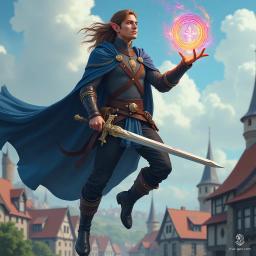 A mystical male elf hovers majestically over a medieval village, donning ornate chainmail and a navy cloak that billows in the wind. With glowing blue eyes and an elven sword in hand, he conjures a vibrant magical sigil, embodying the essence of fantasy and adventure.