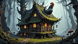 In a painterly, richly textured scene, dark enchanted forests envelop Baba Yaga's hut perched upon sinewy, scaly chicken legs. The gnarled, twisted wooden structure boasts warped, weathered walls adorned with moss and glowing runes. Dense fog weaves through towering, twisted trees and eerie glowing mushrooms, deepening the sinister ambiance.