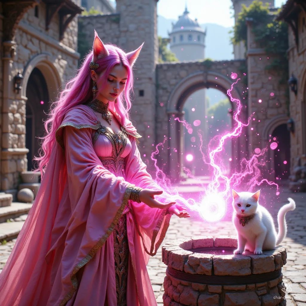 Nekomia, a whimsical young adult abjurer, boasts striking pink hair in a braid and distinctive white cat ears and tail. Clad in a matching pink uniform adorned with paw-shaped accessories, she radiates protective magic, shimmering in a pink glow. Accompanied by her pet cat, Nekoli, they embody enchanting charm and unity.