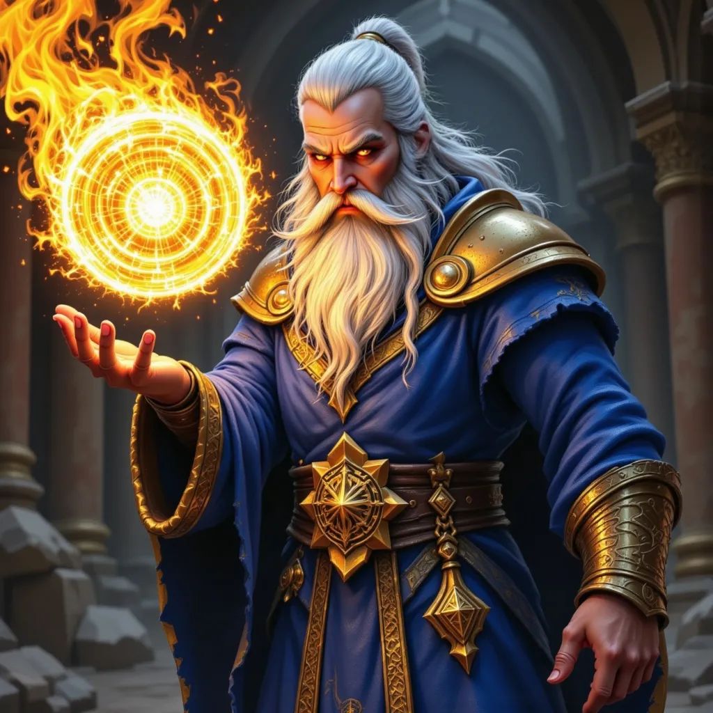 A disciplined human wizard dons blue and gold robes as he conjures a fiery orb in his outstretched hand. With sharp focus behind silver-rimmed spectacles, he channels intricate magic, embodying raw power and artistry through detailed shading and expressive lines in a captivating medieval world.