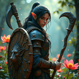 A wood elf druid, this male hunter embodies nature's spirit with fair skin and striking jet-black hair. He roams forests and mountains, expertly tracking prey with a bow and spear, accompanied by loyal animal companions. Clad in leather and wielding a carved wooden shield, he merges strength and harmony with the wild.