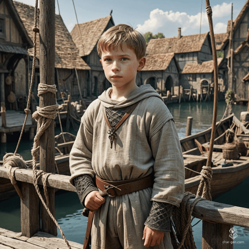 A confident 10-year-old pale-skinned boy, doubling as a formidable fighter, stands on a dock with weathered clothes. Juggling fishing gear and a variety of weapons, his short hair adds to his distinct look.