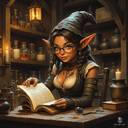 Maryam, a charming elven forensic investigator, embodies the essence of curiosity and care. With her tanned skin, shoulder-length tea-colored hair, and rimless spectacles, she navigates her cozy alchemical lab, surrounded by herbs and glowing candles. Her playful spirit and keen intellect shine as she delves into witchcraft, aided by her spectral spider familiar.