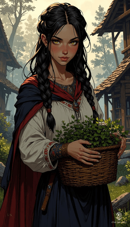 A serene yet resilient Slavic peasant woman, characterized by her braided chestnut hair and warm brown eyes. Adorned in a traditional linen shirt with vibrant embroidery, she carries a basket of wild herbs amidst a fog-laden village. Her presence embodies both simplicity and strength in a mystical, gothic setting.