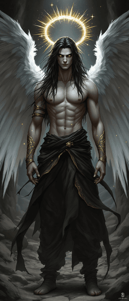 A strikingly handsome male Aasimar Divine Soul Sorcerer, he boasts a lithe, muscular build and pale skin. His long, wavy obsidian black hair with shiny streaks frames his face, while six majestic wings fade from white to black behind him. His yellow eyes glimmer with gold flecks, mirroring the intricate golden patterns along his arms. Though dressed in basic, tattered linen clothes, a radiant translucent gold halo graces his presence, exuding an angelic aura.