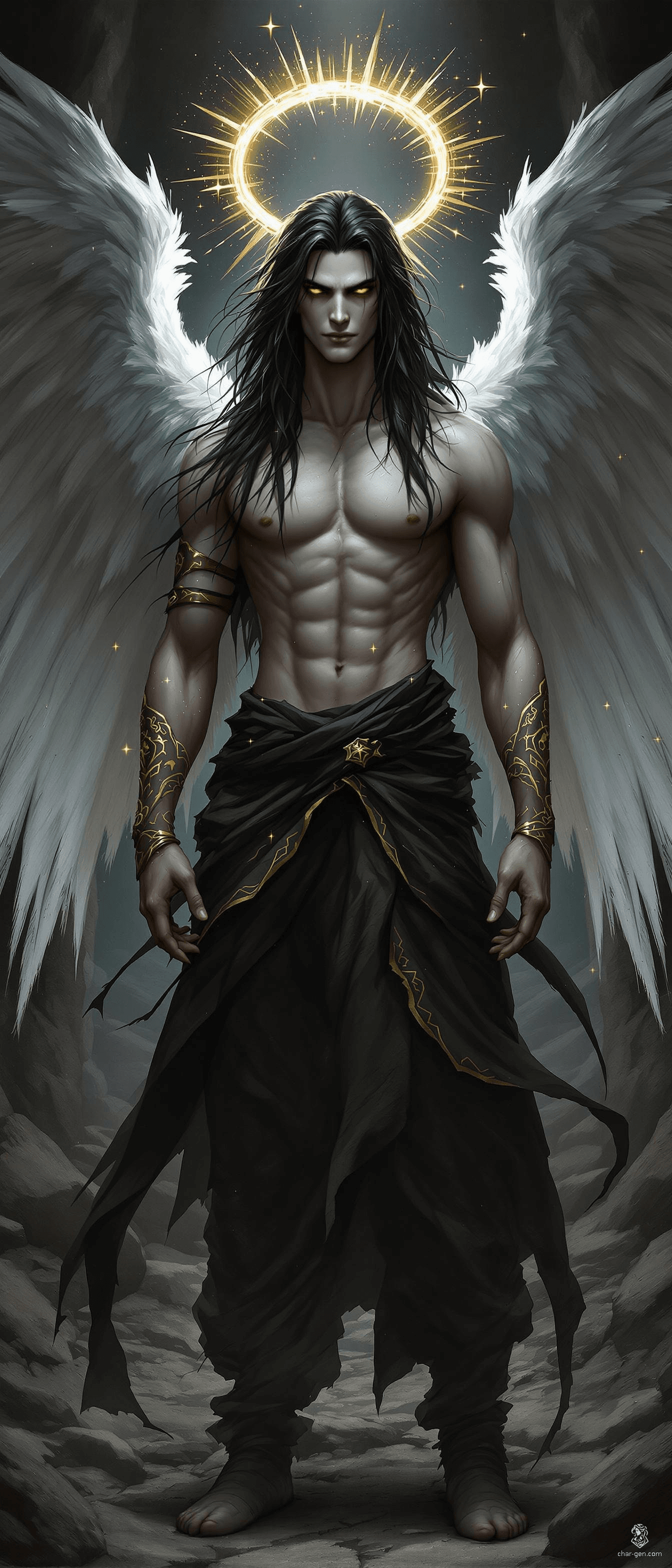 A strikingly handsome male Aasimar Divine Soul Sorcerer, he boasts a lithe, muscular build and pale skin. His long, wavy obsidian black hair with shiny streaks frames his face, while six majestic wings fade from white to black behind him. His yellow eyes glimmer with gold flecks, mirroring the intricate golden patterns along his arms. Though dressed in basic, tattered linen clothes, a radiant translucent gold halo graces his presence, exuding an angelic aura.