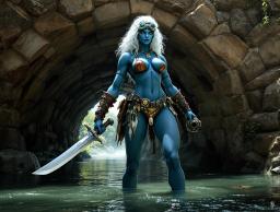 A towering Goliath woman, 6 feet tall with striking blue skin and a mane of white curls, wields a cannon and cutlass under a bridge. Clad in a bikini and futuristic goggles, she embodies pirate savvy, dynamic action, and the thrill of treasure hunting in a dramatic, sunlit setting.