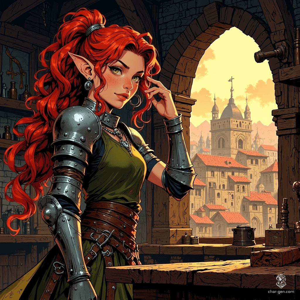 A spirited young female dwarf, fierce and proud, works in her bustling blacksmith shop. Her long curly red hair and vibrant green eyes shine against battle-worn plate armor. With porcelain skin dotted with freckles, she wipes sweat from her brow, embodying strength and artistry in a medieval cityscape.