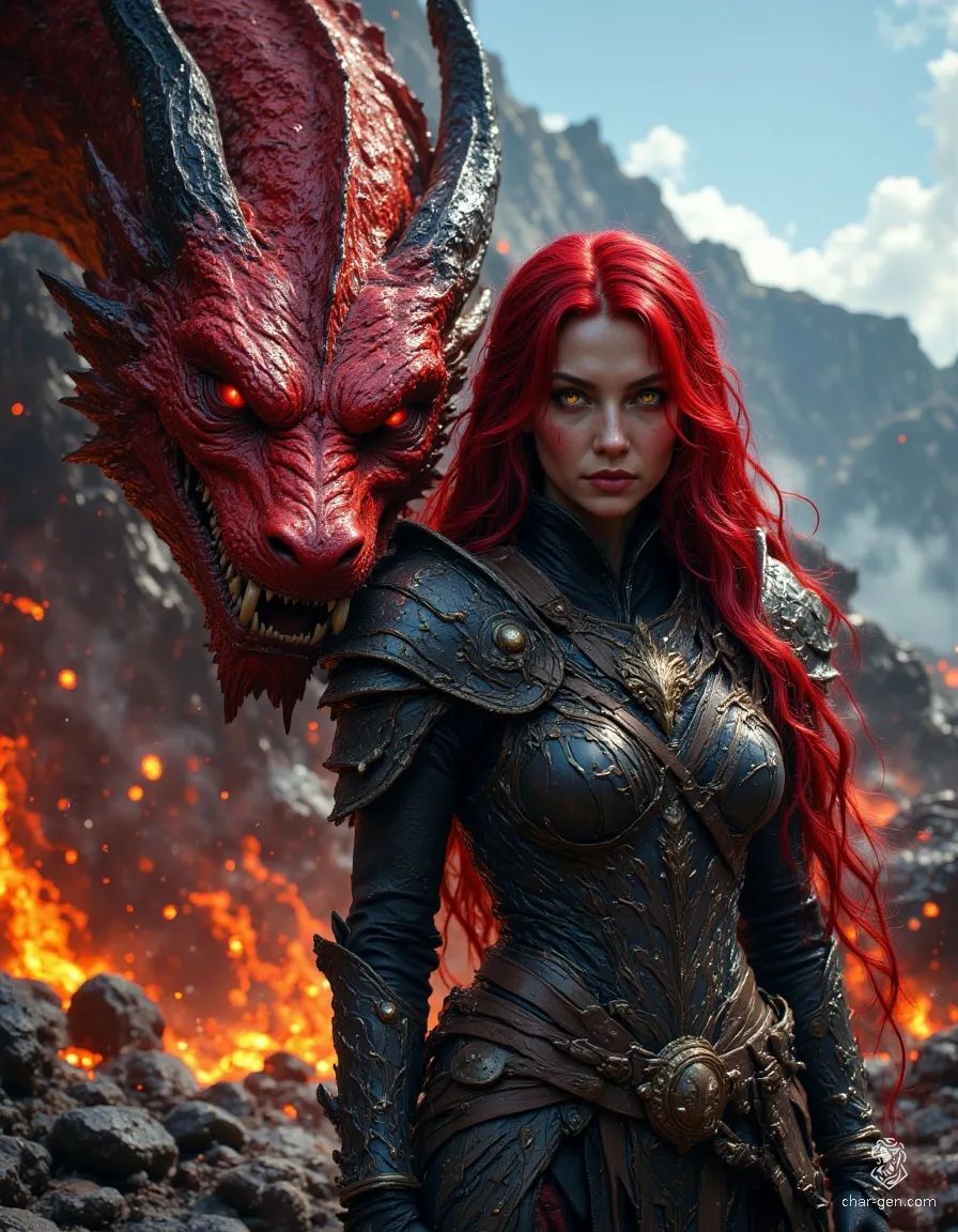 This striking middle-aged female Ranger, with flowing crimson hair and luminous yellow eyes, dons masterfully crafted dark obsidian armor adorned with black scales. Standing confidently beside a formidable red dragon head in a volcanic setting, her distinct red skin glimmers in the dramatic lighting, embodying both beauty and danger.