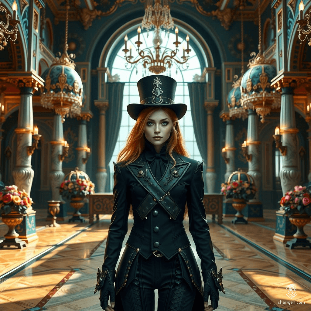 In a moonlit, mist-covered forest glade, a 22-year-old woman with flowing copper hair stands confidently in a sleek tuxedo and top hat. The ethereal glow from fireflies dances around her, reflecting off the dew-kissed flora, creating an otherworldly, enchanting scene.