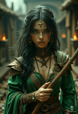 Mugzug the Tiny is a noble half-orc warlock, bearing arcane sigils and wielding a powerful mace. With tusked, green skin and human elegance, she balances charm and wisdom. Torn between duty and desire, she fights against her family's wishes to save her forbidden love, Maribel.