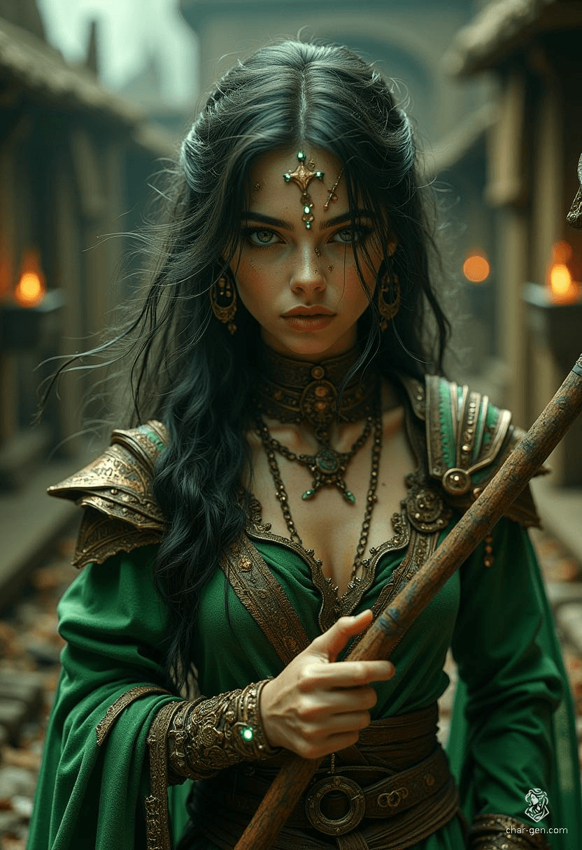 Mugzug the Tiny is a noble half-orc warlock, bearing arcane sigils and wielding a powerful mace. With tusked, green skin and human elegance, she balances charm and wisdom. Torn between duty and desire, she fights against her family's wishes to save her forbidden love, Maribel.
