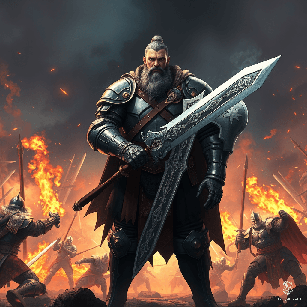 Sig Curtis stands at two meters tall, robust and battle-worn, exuding strength. Clad in half armor, his gloomy yet determined expression hints at past struggles. Wielding a beautifully inlaid great sword, he is shrouded in shadow, ready to face any challenge amid a fierce battle backdrop.