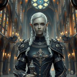 Thaveza is a 22-year-old female Drow cleric with a serene demeanor. She stands 5'10" with a medium build, light skin, striking blue eyes, and bright pure white hair styled in curly braids. Wearing intricately detailed chain mail, she prominently holds a mace. Raised by priests after her mother, a sorcerer, died, she excels in healing, wise beyond her years but is suspicious of strangers.