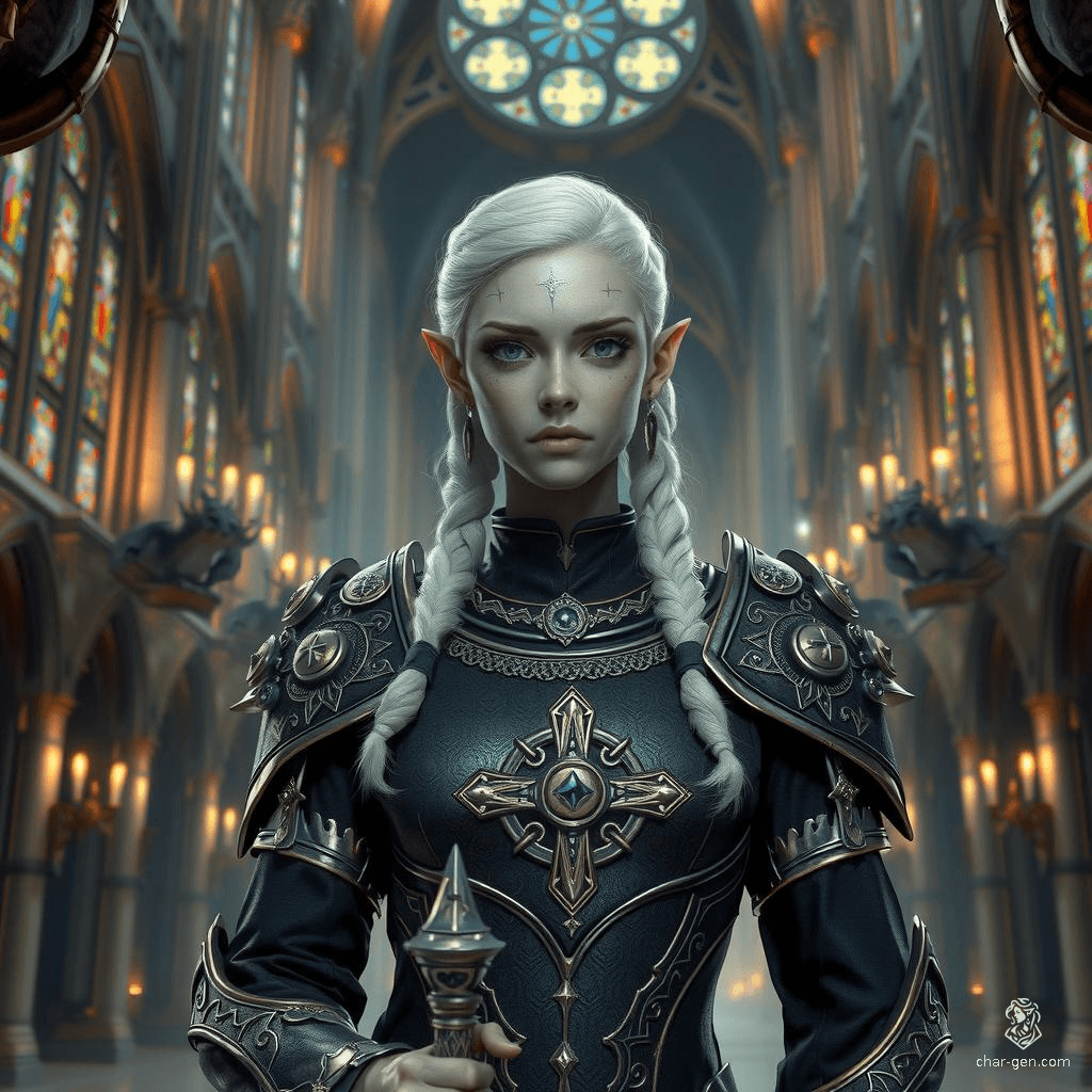 Thaveza is a 22-year-old female Drow cleric with a serene demeanor. She stands 5'10" with a medium build, light skin, striking blue eyes, and bright pure white hair styled in curly braids. Wearing intricately detailed chain mail, she prominently holds a mace. Raised by priests after her mother, a sorcerer, died, she excels in healing, wise beyond her years but is suspicious of strangers.